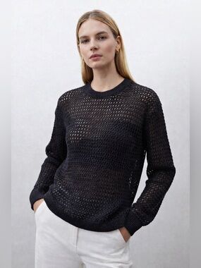 Theory LS Mesh Knit Sweater Black Open Weave Pullover Top Size S NWT